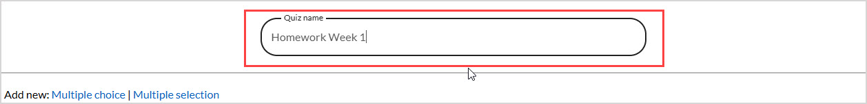 In the Quiz Designer interface, the Quiz name field at the top of the page is highlighted.